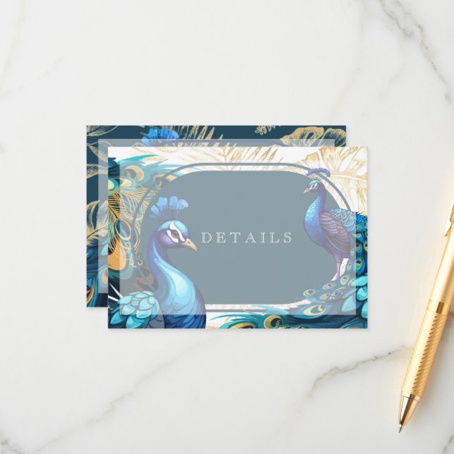 Art Premium Peacocks Feathers Wedding Details Enclosure Card (Front/Back In Situ)