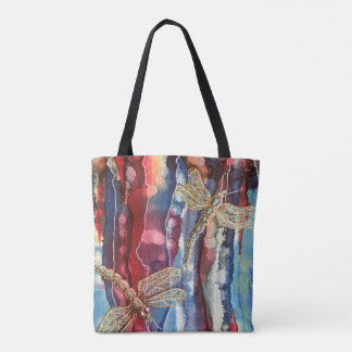 Art print, dragonflies, tote shopping bag. bag