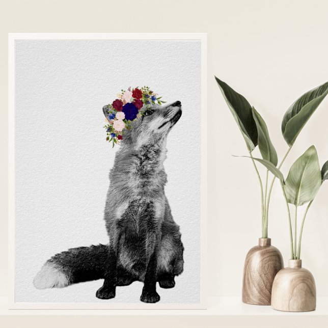 Art Print Fox Black White Flower Crown (Creator Uploaded)