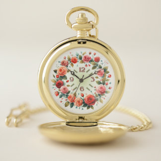 Art Print Watercolor Roses Wreath Pocket Watch