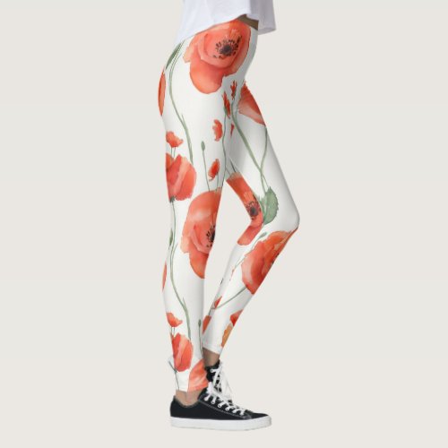 Art Red And White Watercolor Poppy Floral Pattern  Leggings