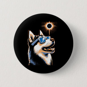 Art Solar Eclipse Husky Dog Wearing Eclips Glasses Button