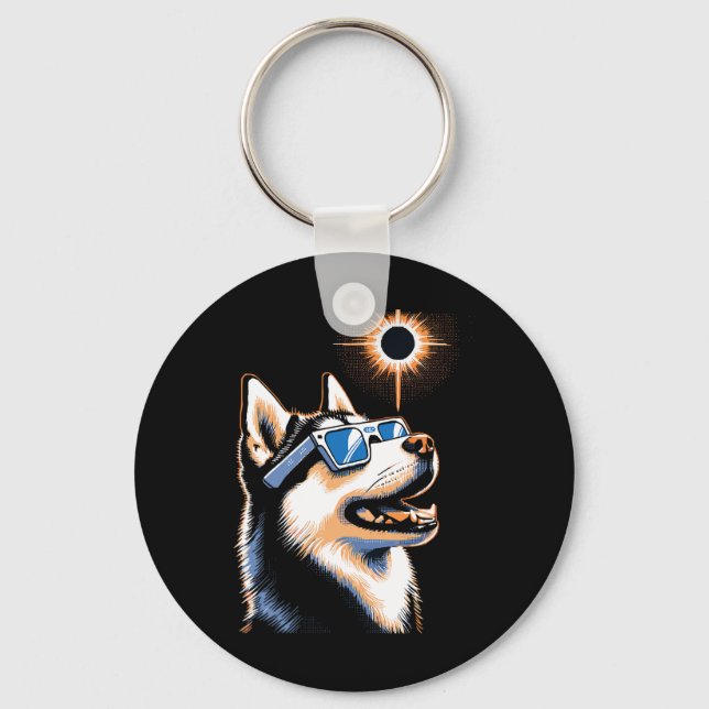 Art Solar Eclipse Husky Dog Wearing Eclips Glasses Keychain (Front)