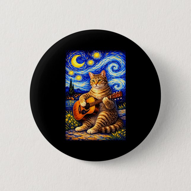 Art Tabby Cat Playing Guitar Whimsical Button (Front)