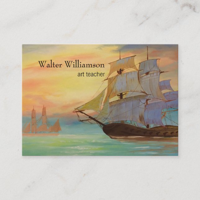 Art Teacher, Fine Art Sunset Sailing Ships Business Card (Front)