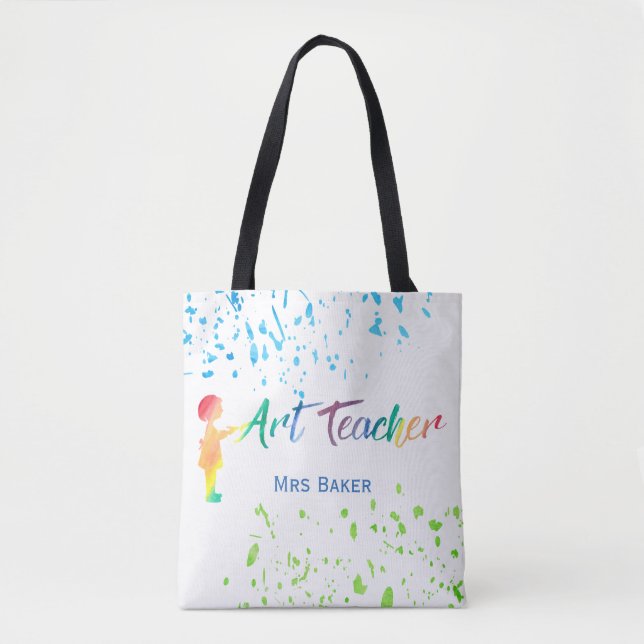 Art Teacher Watercolor Splatter Personalized Fun Tote Bag (Front)