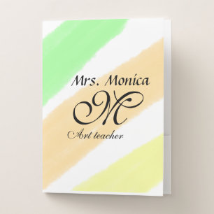 Art teacher yellow green watercolor stripes name pocket folder
