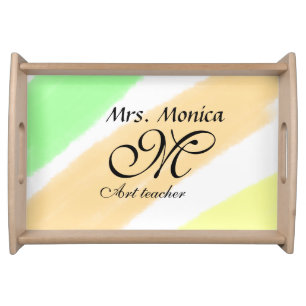 Art teacher yellow green watercolor stripes name serving tray
