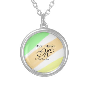 Art teacher yellow green watercolor stripes name silver plated necklace