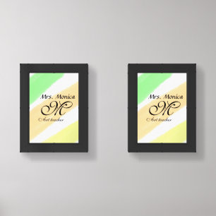 Art teacher yellow green watercolor stripes name wall art sets