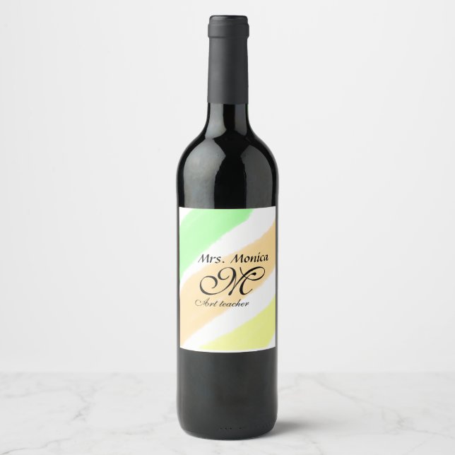 Art teacher yellow green watercolor stripes name wine label (Front)
