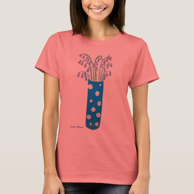 Art Tee Shirt: Spotted Vase and Bluebells (Front)