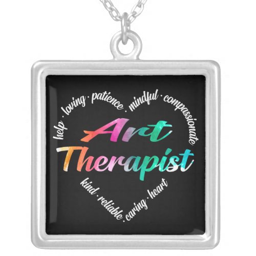 Art Therapist Heart Word Cloud Watercolor Rainbow Silver Plated Necklace