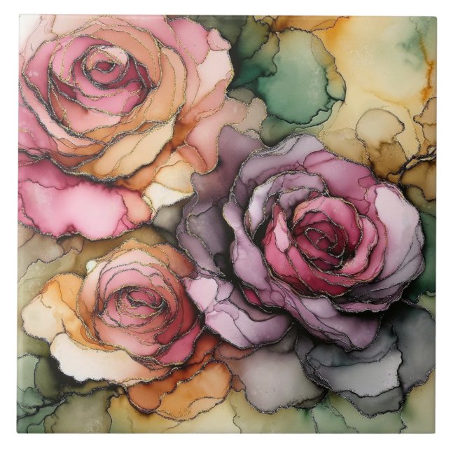 Art tile, alcohol ink art, roses, modern floral ceramic tile (Front)