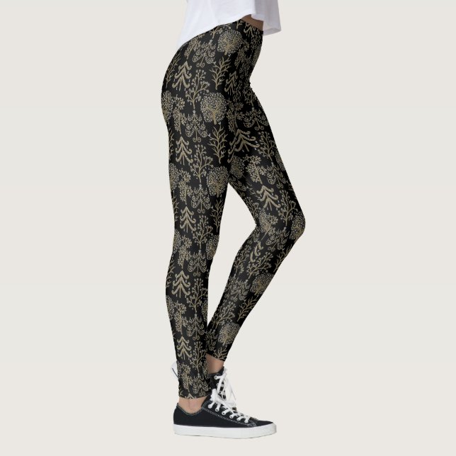 Art Tree Gold Holiday Christmas Black Leggings (Right)