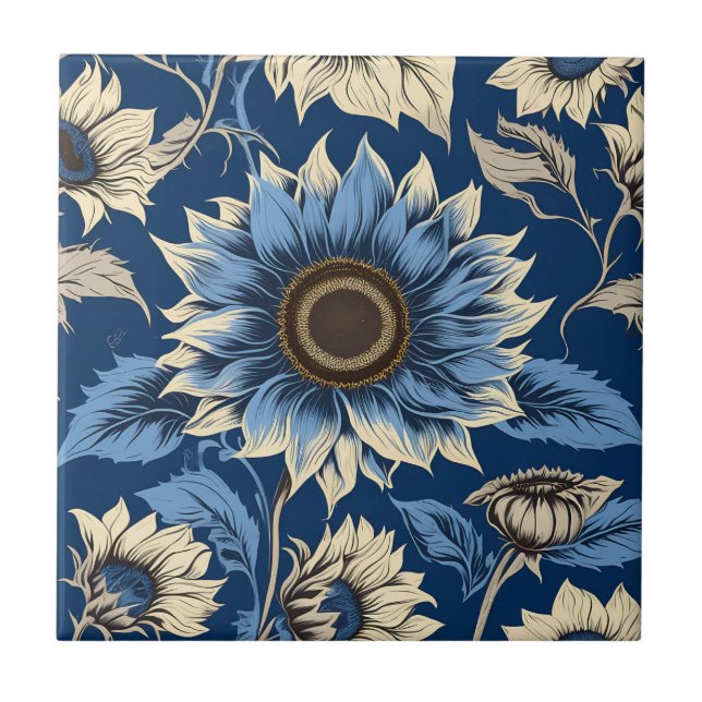 Art vintage blue sunflower pattern ceramic tile (Front)