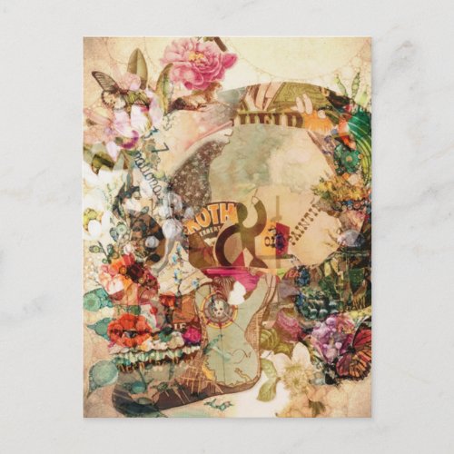 Art Vintage Sugar Skull Flowers Announcement Postcard