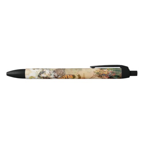 Art Vintage Sugar Skull Flowers Black Ink Pen