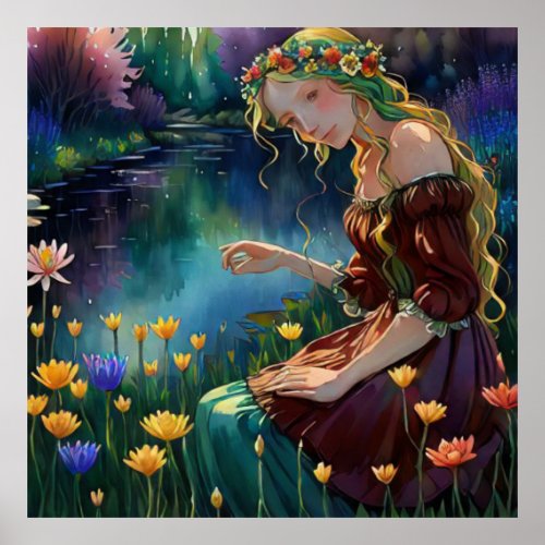   Art Woman Sitting Pick Flower Pond AP56  Poster