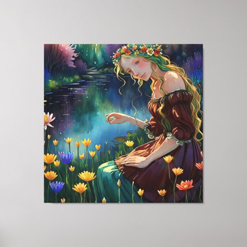   Art Woman Waterfall Pick Flower Pond AP56  Canvas Print