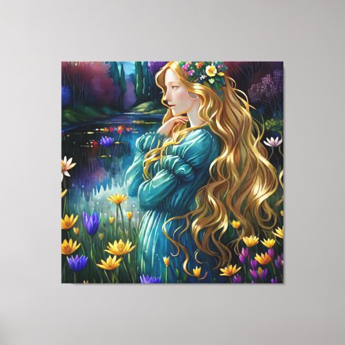   Art Woman Waterfall Pond Wild Flowers AP56  Canvas Print