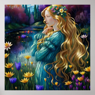 *~ Art Woman Waterfall Pond Wild Flowers AP56 Poster