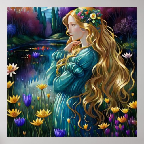   Art Woman Waterfall Pond Wild Flowers AP56  Poster