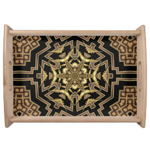 ArtDeco Black Gold Hexagon Star Geometric Pattern Serving Tray