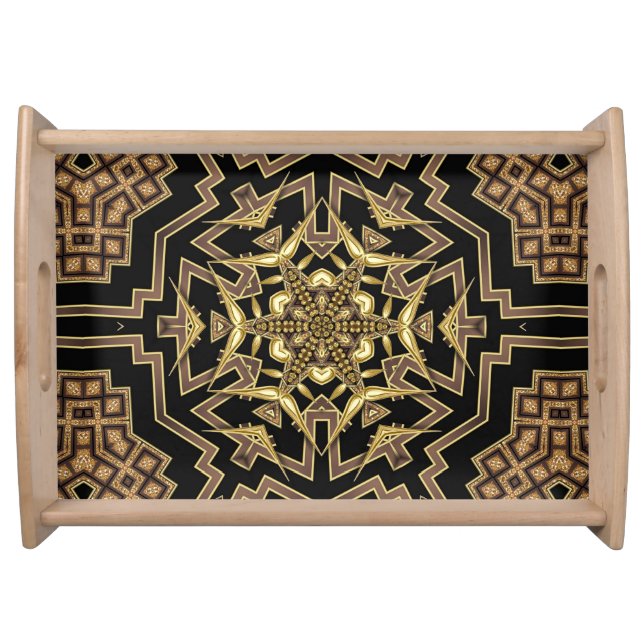 ArtDeco Black Gold Hexagon Star Geometric Pattern Serving Tray (Front)