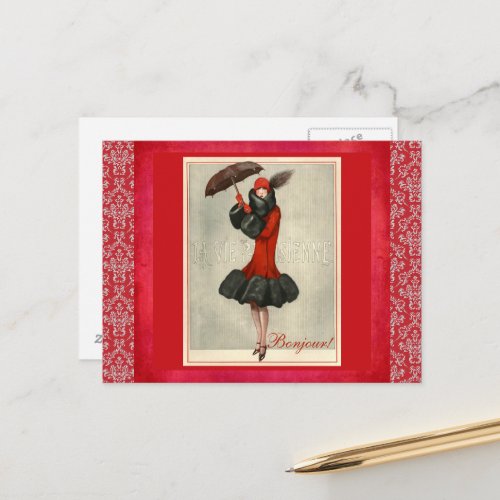 ArtDeco Red Flapper French Fashion Damask Postcard