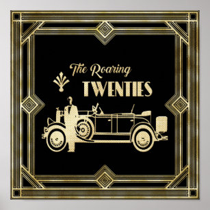 ArtDeco The Roaring Twenties Black Gold Gatsby Car Poster