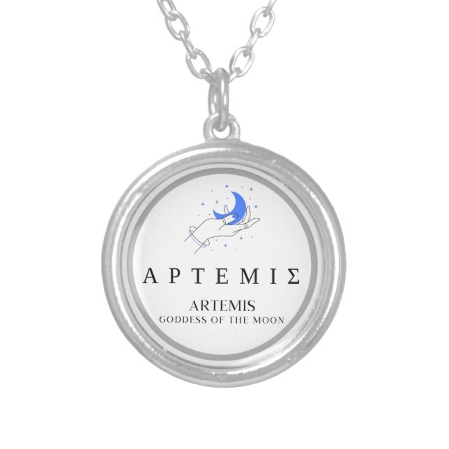 Artemis Greek Goddess of Moon Hand Holding Moon Silver Plated Necklace (Front)