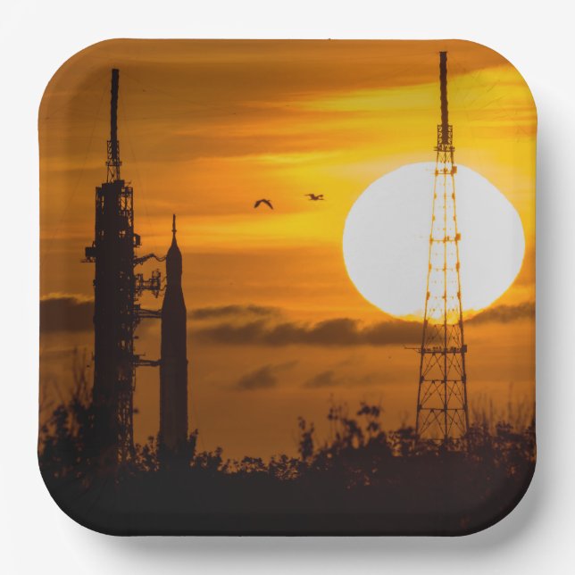 Artemis Moon Rocket at Dawn Paper Plates (Front)