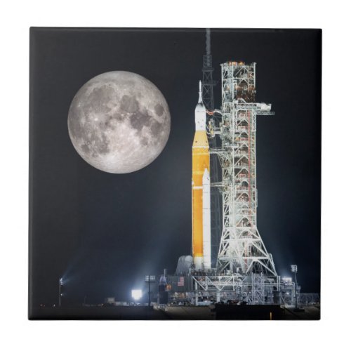 Artemis One Moon Rocket at Night Ceramic Tile