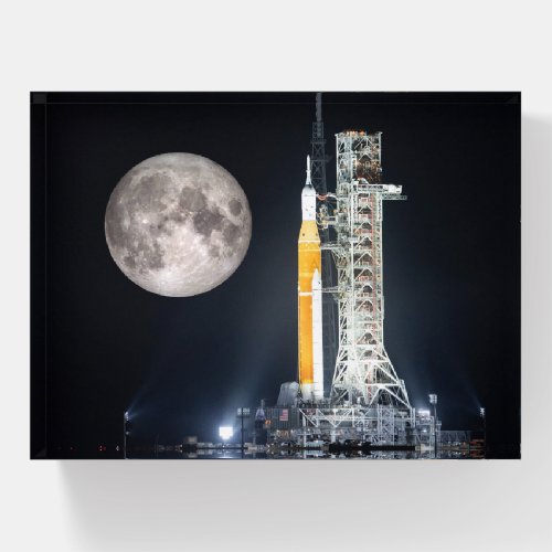 Artemis One Moon Rocket at Night Paperweight