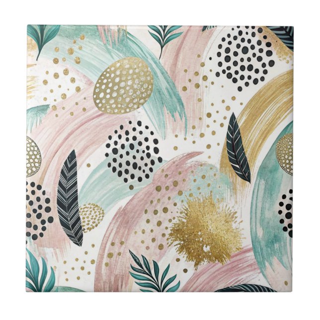 Artful Botanical Brushstroke & Gold Abstract Ceramic Tile (Front)