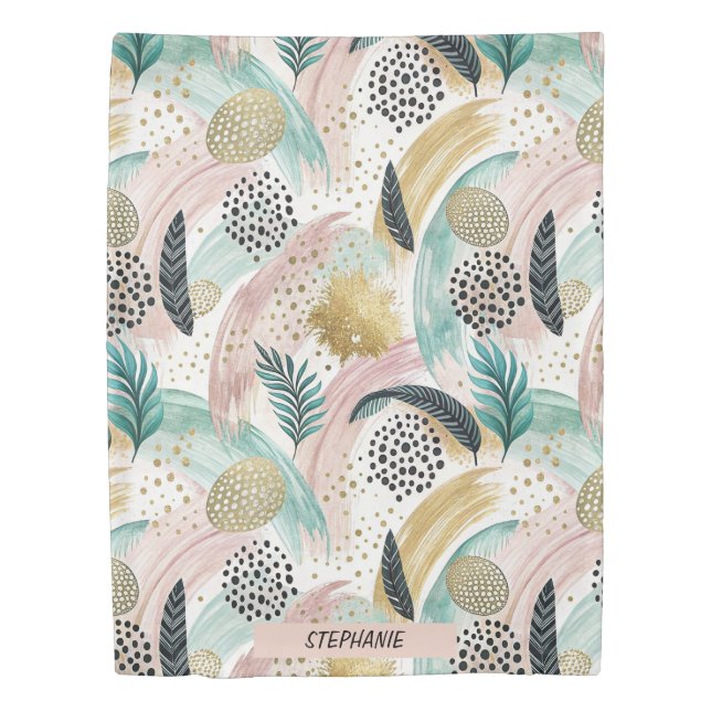 Artful Botanical Brushstroke & Gold Abstract Duvet Cover (Front)