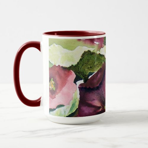Artful Burgundy and Pink Hollyhock Flowers Mug