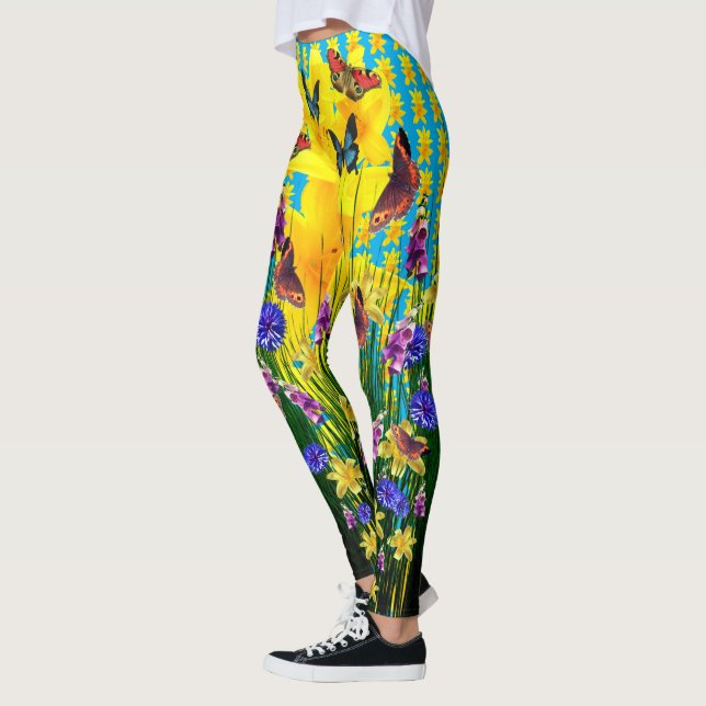 Artful Butterfly Springtime Flowers Leggings (Left)