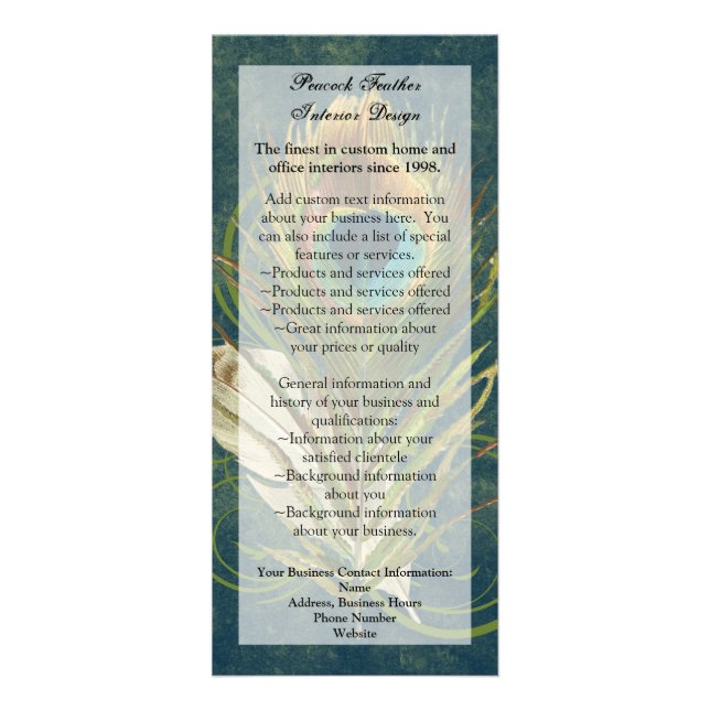Artful Detail Peacock Feather Rack Card, Menu, Ad Rack Card (Front)