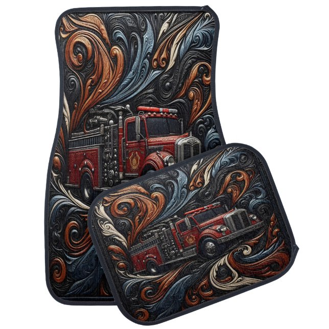 Artful Fire Truck on Car Floor Mat (Set)