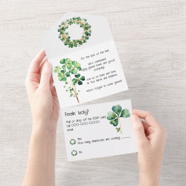Artful Green Watercolor Clover Weath All In One Invitation (Tearaway)
