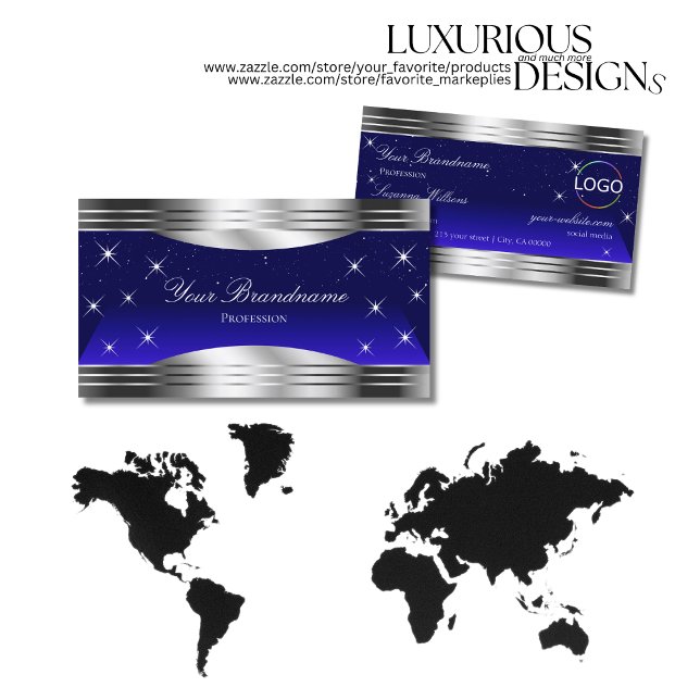 Artful Night Sky Blue Silver Borders with Logo Business Card (Creator Uploaded)