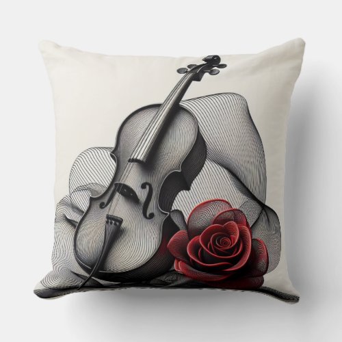ARTFUL VIOLIN RED ROSE IN BLACK FINE LINES THROW PILLOW