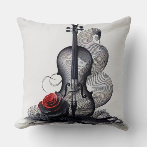 ARTFUL VIOLIN RED ROSE IN BLACK FINE LINES THROW PILLOW