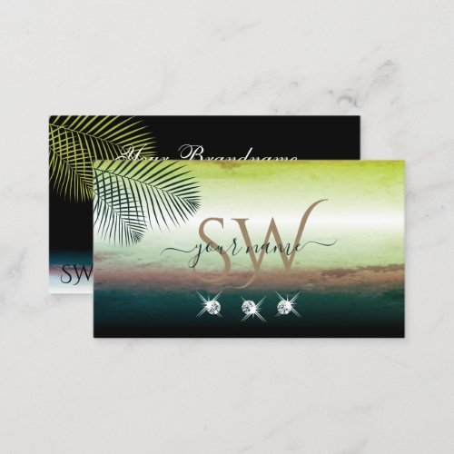 Artful Watercolors Palm Leaves Diamonds Initials Business Card