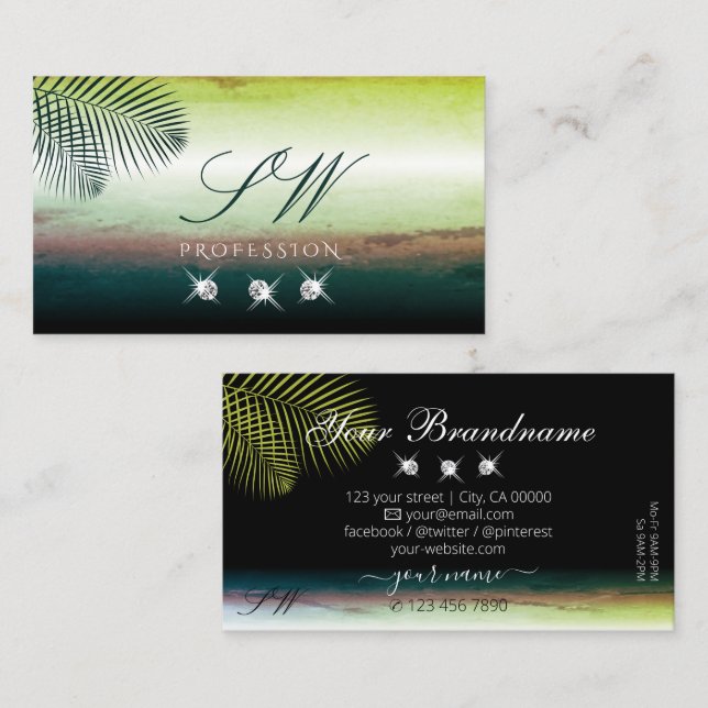 Artful Watercolors Palm Leaves Diamonds Monogram Business Card (Front/Back)