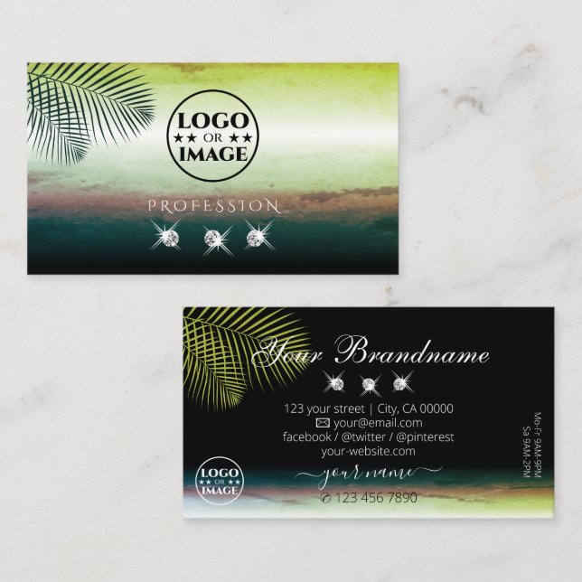Artful Watercolors Palm Leaves Diamonds with Logo Business Card (Front/Back)