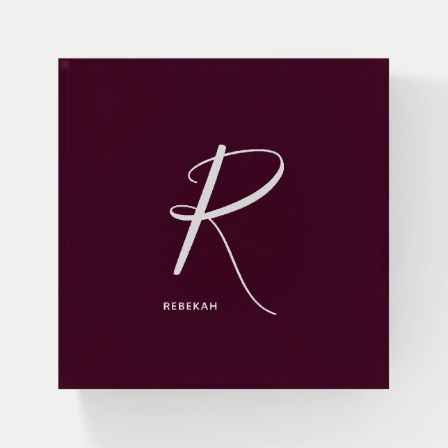 Artfully Monogrammed Letter R Burgundy Square Paperweight (Front)