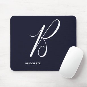 Artfully Monogrammed Script Letter B Navy Blue Mouse Pad